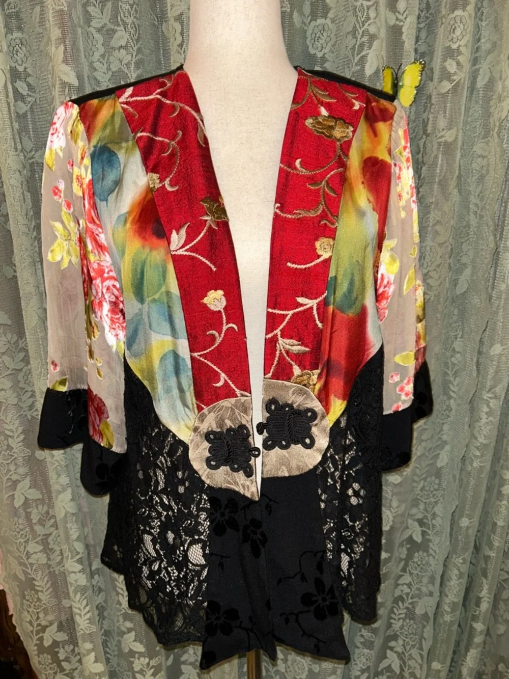 Bohemian Japanese Inspired Floral & Lace Open Front Silk Blend Cardigan Kimono - Picture 1 of 5
